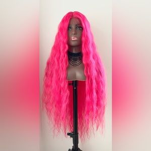 Long Gorgeous Hot Pink Premium Fiber Lace Front Wig for Costumes & Events